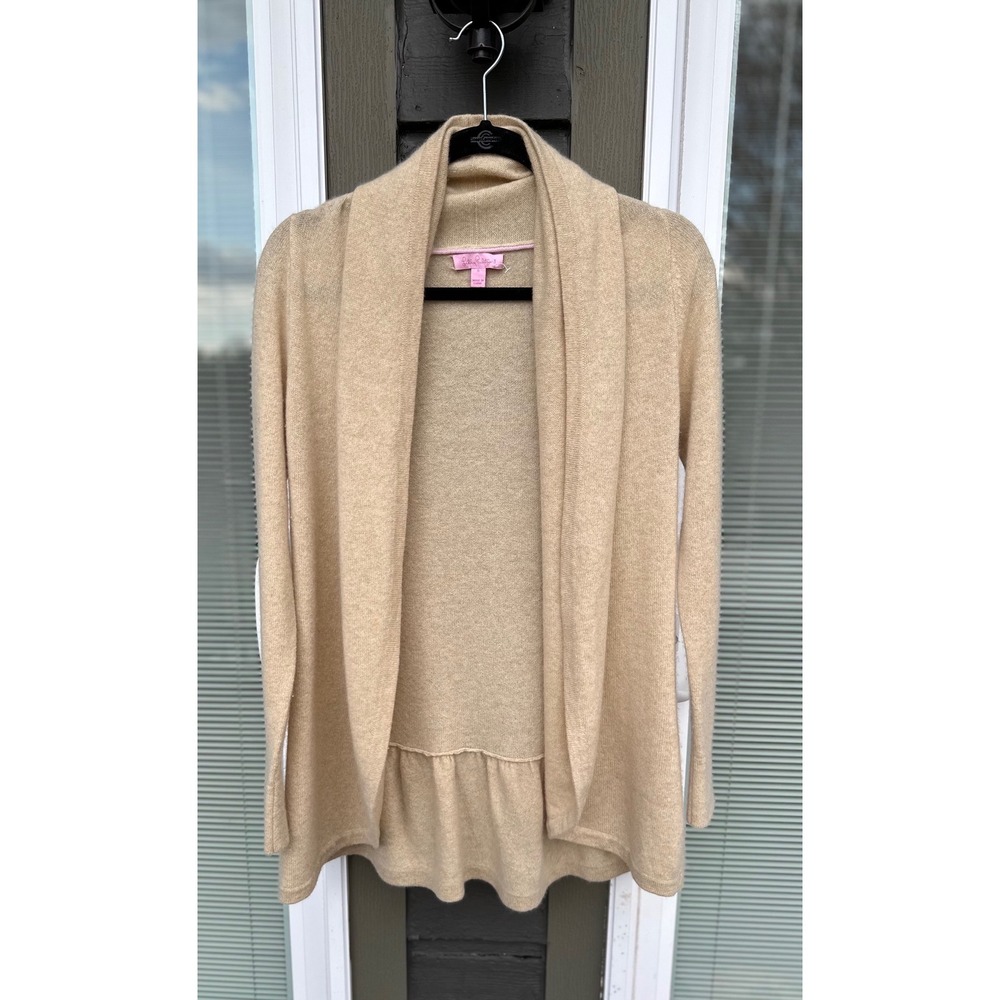 Lilly Pulitzer Womens Small Tan 100% Cashmere Peplum Ruffle Open Front Cardigan